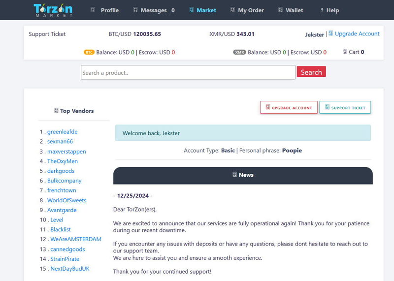 TorZon Website verified login interface